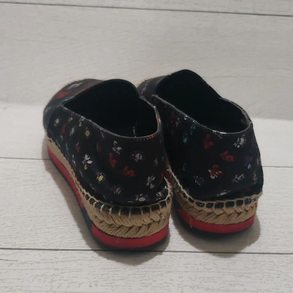 Diane Von Furstenberg 8 black canvas floral loafers espadrilles platforms
